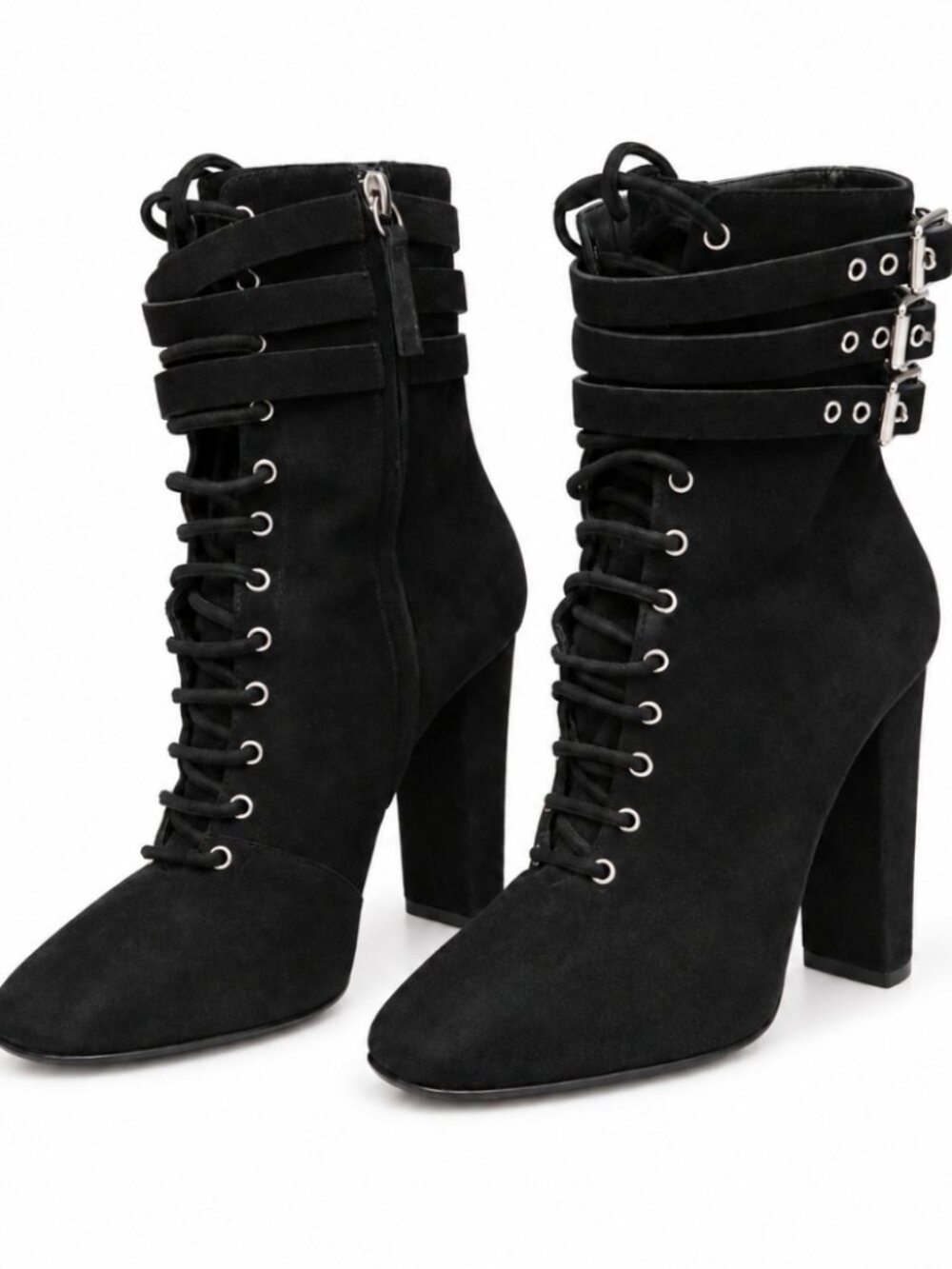 Giuseppe Zanotti Black Suede Triple Buckle Lace-Up Booties EU 41